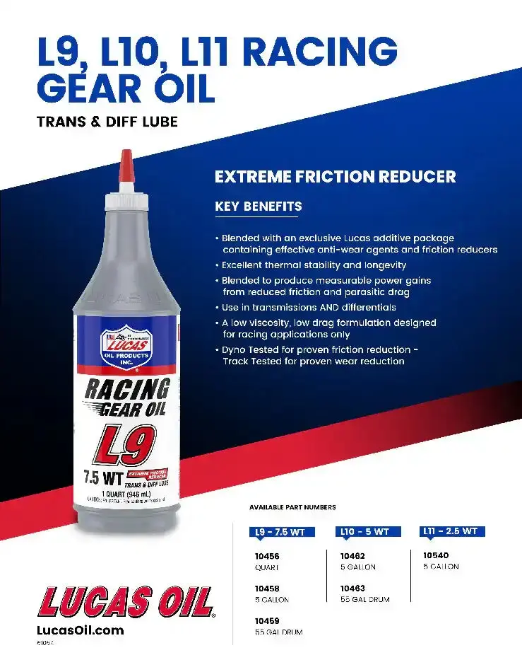 Lucas Oil 10456 L9 Synthetic Racing Gear Oil – 75W-90 Full-Synthetic Differential Lubricant 1